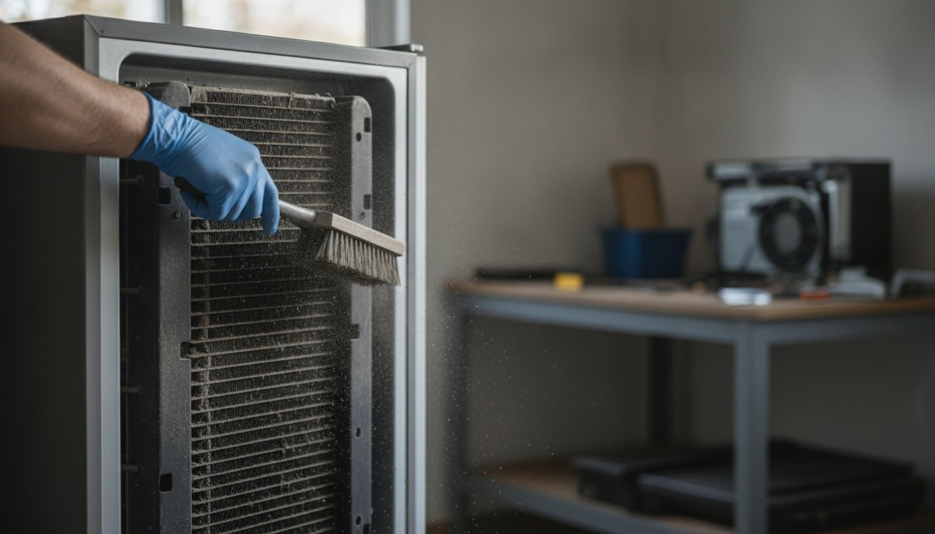 Técnico com luvas utilizando uma escova para limpar a grade traseira de uma geladeira metálica.