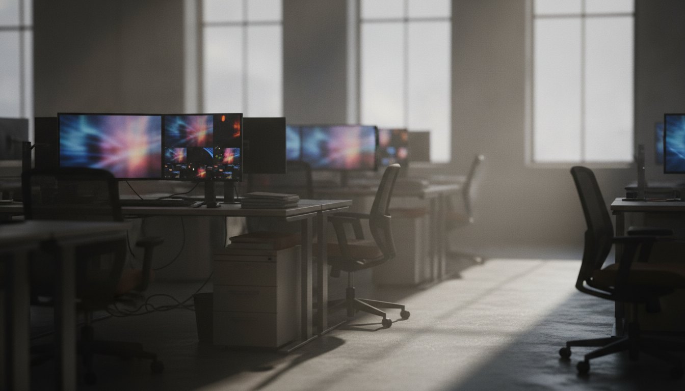 Redação movimentada com profissionais trabalhando em computadores e monitores exibindo transmissões ao vivo.
