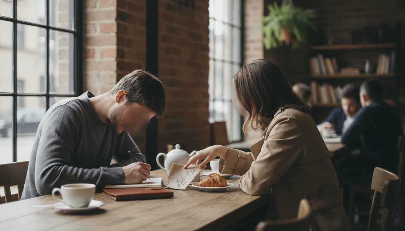 Duas pessoas conversando discretamente em um café, com uma delas anotando informações em um caderno.
