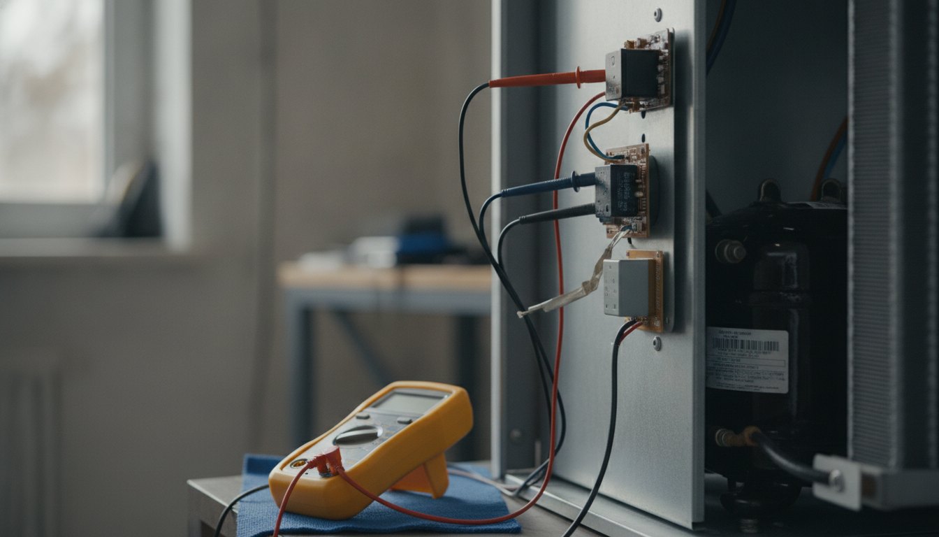 Técnico com multímetro medindo componentes elétricos na parte traseira de um eletrodoméstico.