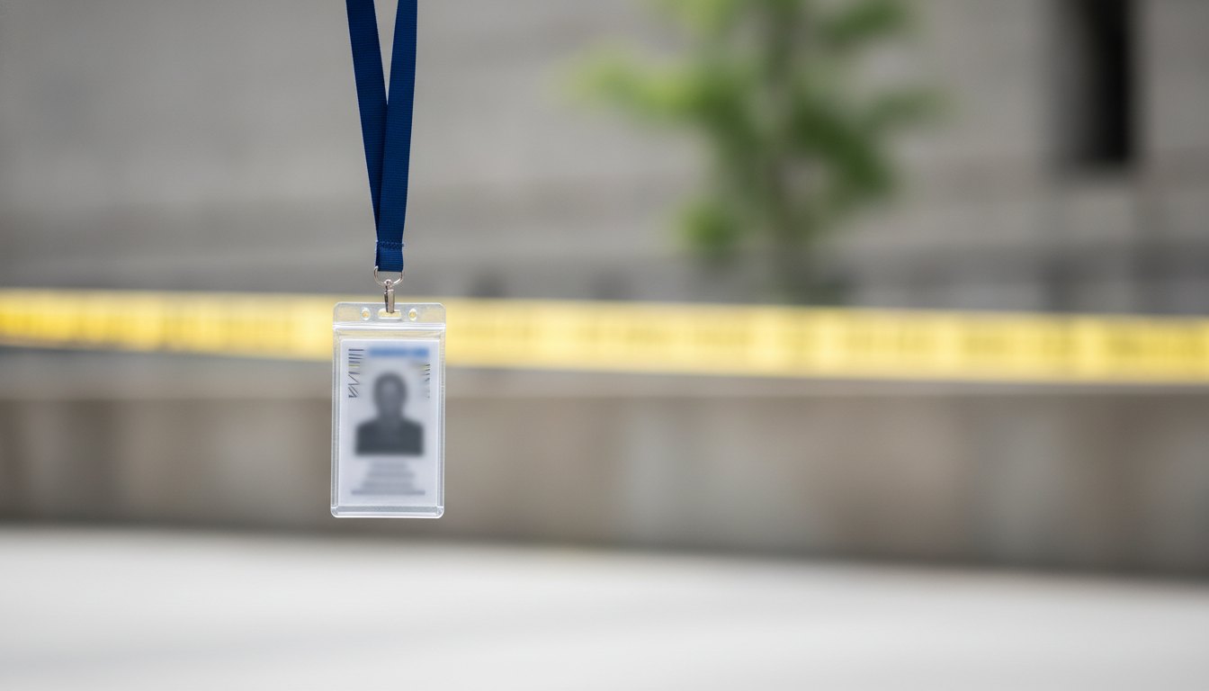 Jornalista exibindo crachá de identificação pendurado no pescoço em frente a um cordão de isolamento.