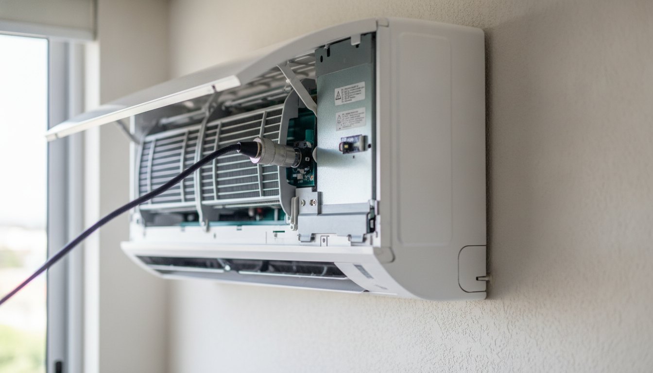 Técnico inspecionando as aletas e o painel interno de um ar-condicionado split branco na parede.