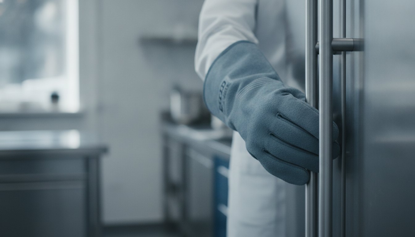 Mão com luva de proteção isolante prestes a tocar o puxador de uma geladeira metálica