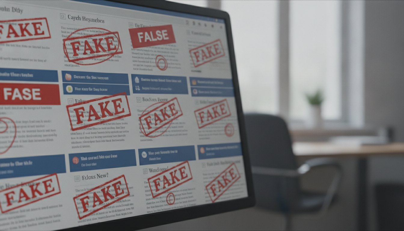 Tela de computador exibindo diversas abas de pesquisa e marcações de falso sobre textos jornalísticos.