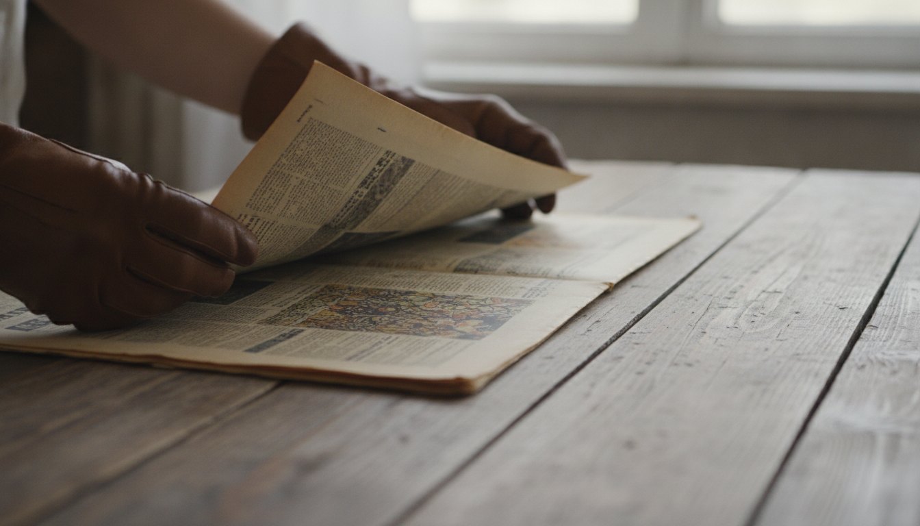 Mãos folheando cuidadosamente as páginas amareladas de um grande jornal antigo sobre uma mesa de madeira.