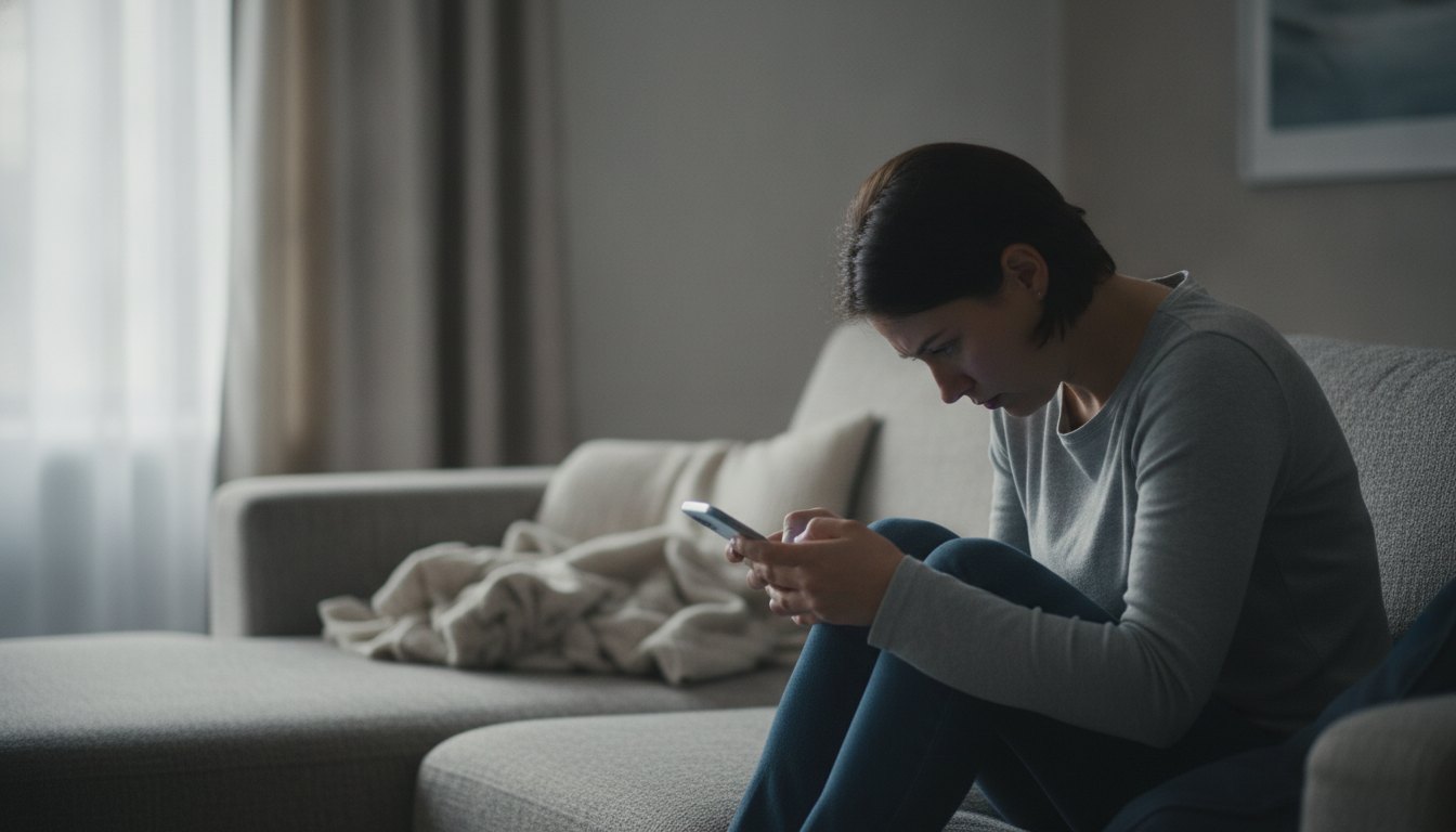 Pessoa sentada em um sofá segurando um celular com expressão de cansaço e preocupação.