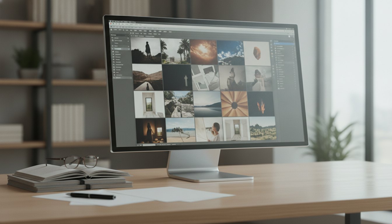 Editor de fotografia observando imagens em uma tela de computador com cadernos de anotações ao lado