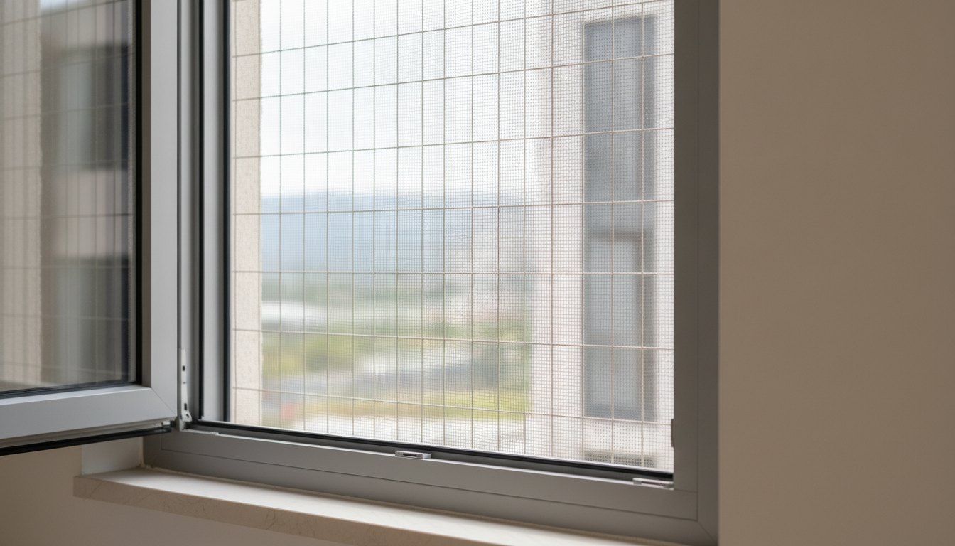 Janela de apartamento com tela de segurança de fios claros instalada sobre a esquadria.