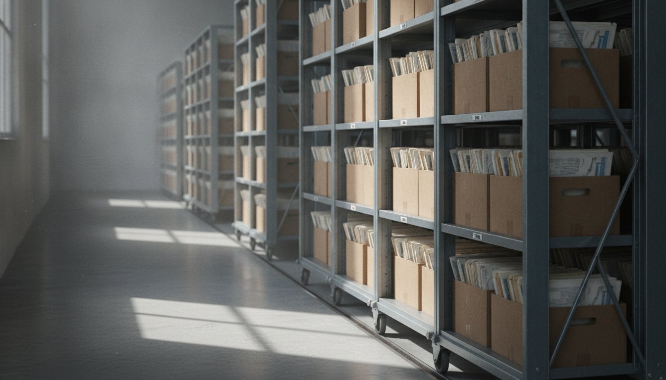 Prateleiras metálicas deslizantes repletas de caixas de papelão padronizadas contendo edições impressas encadernadas.