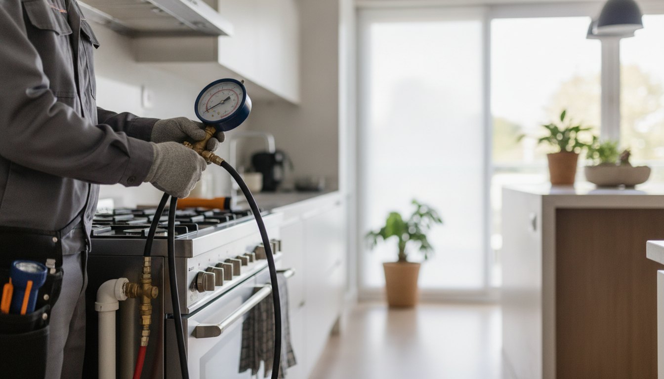 Técnico inspecionando uma válvula de gás em uma cozinha residencial utilizando um medidor de pressão.