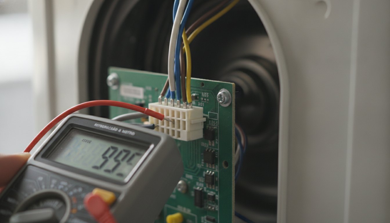 Técnico com multímetro testando os conectores elétricos na placa de uma máquina de lavar roupas.