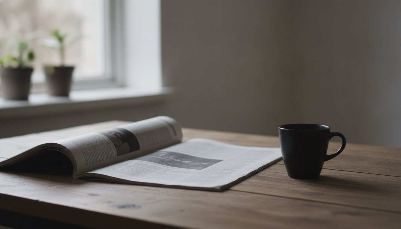 Jornal impresso aberto sobre uma mesa de madeira ao lado de uma xícara de café preta.