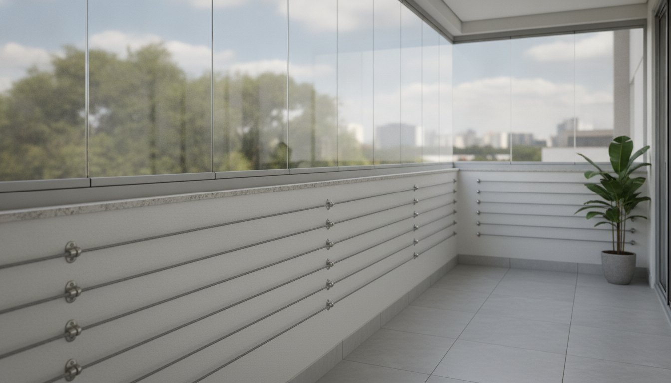 Varanda de apartamento contendo lâminas de vidro deslizantes e cordões de proteção fixados na alvenaria.