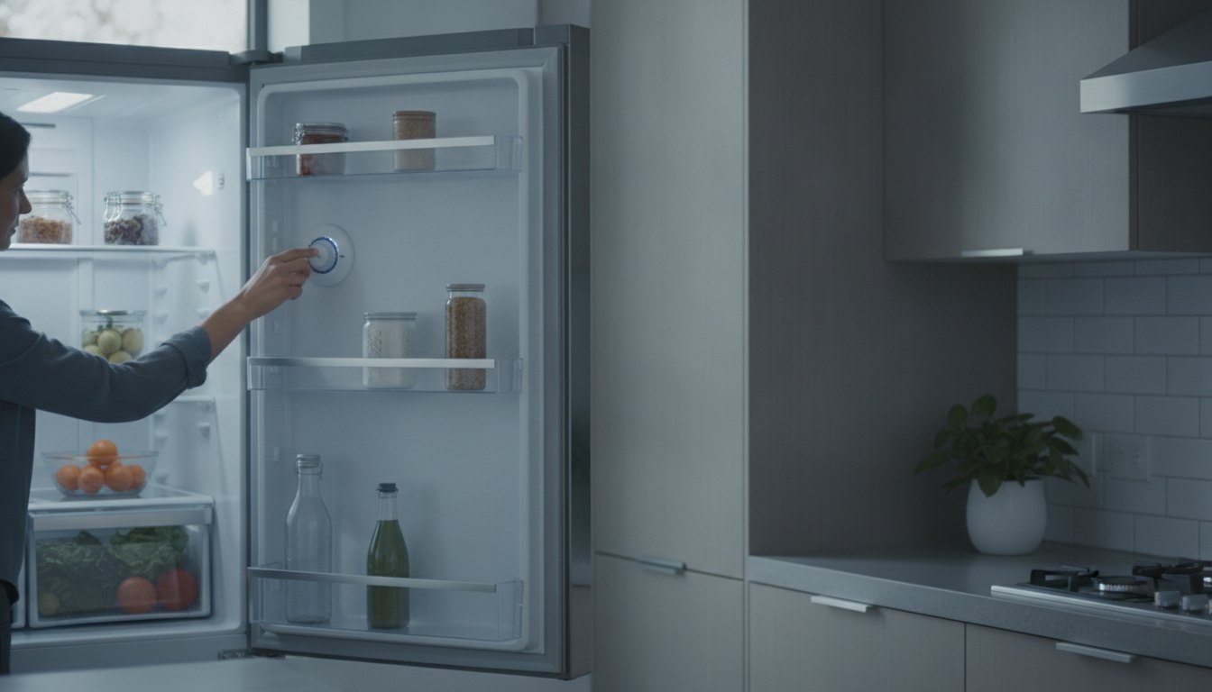 Pessoa ajustando o termostato de uma geladeira metálica com a porta aberta em uma cozinha.
