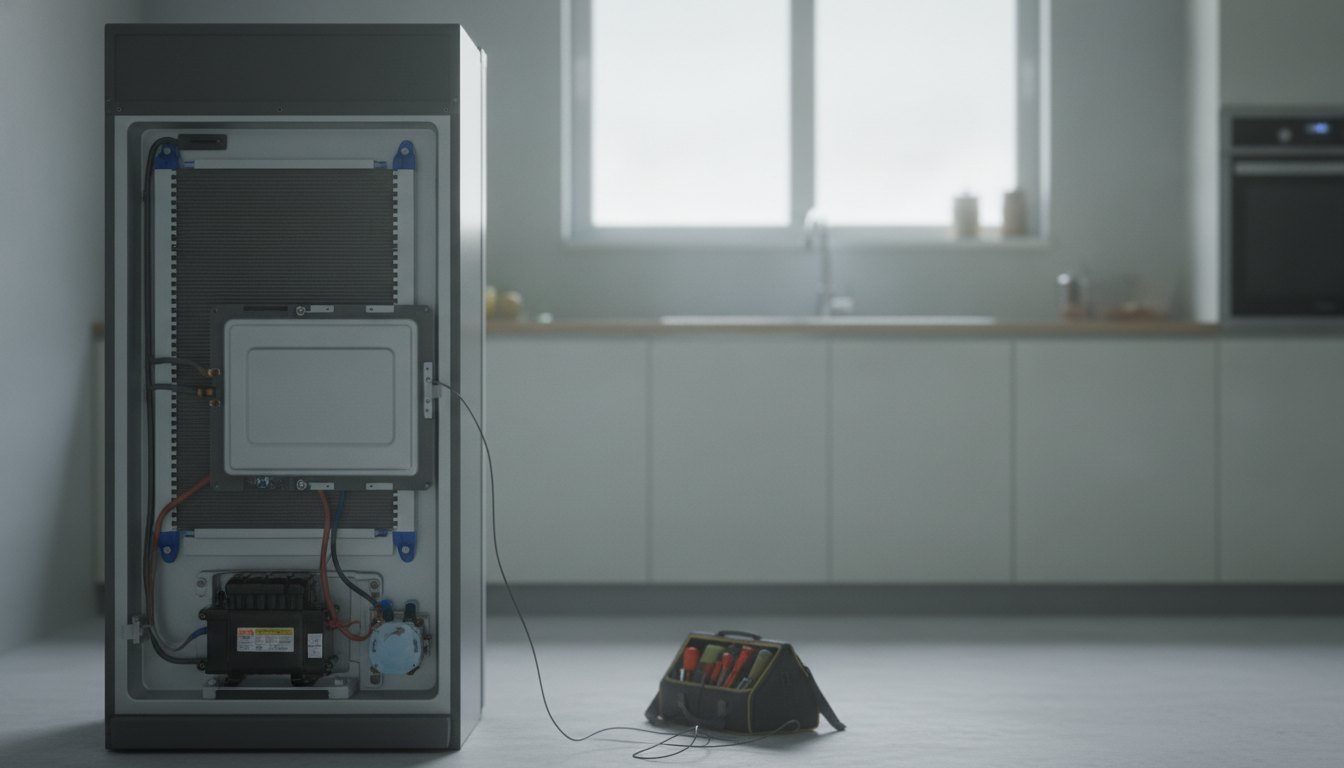 Técnico inspecionando a parte traseira de uma geladeira afastada da parede na cozinha.