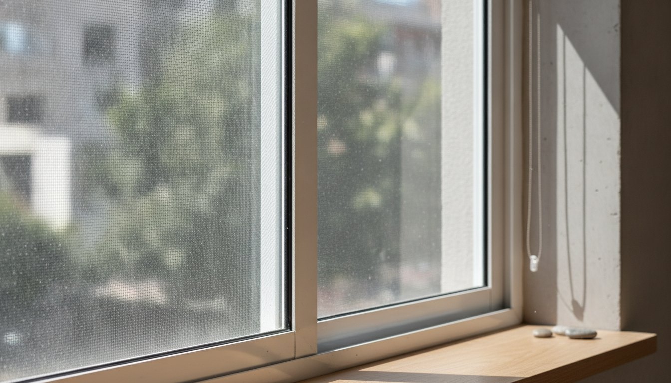 Janela de apartamento com tela de proteção instalada sob a luz do sol.