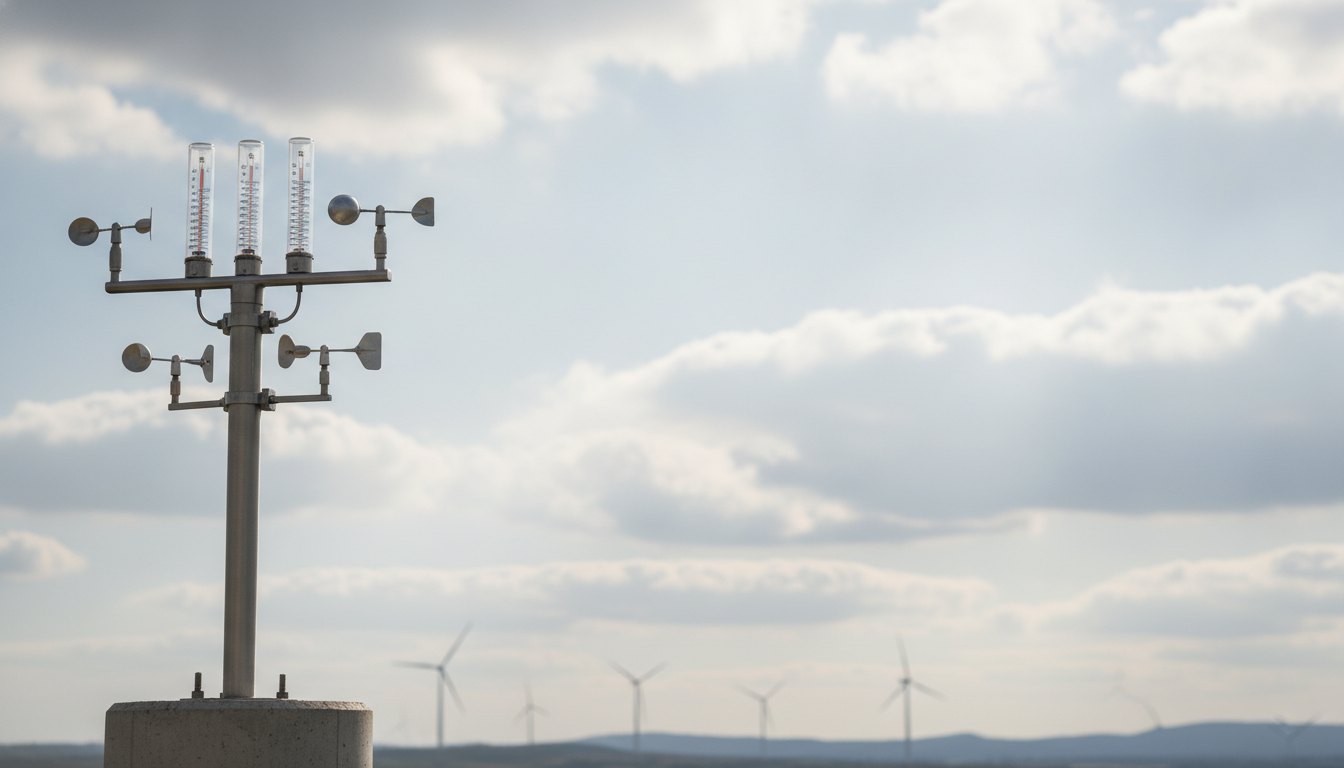 Termômetros e anemômetros instalados em uma haste de metal sob um céu parcialmente nublado.