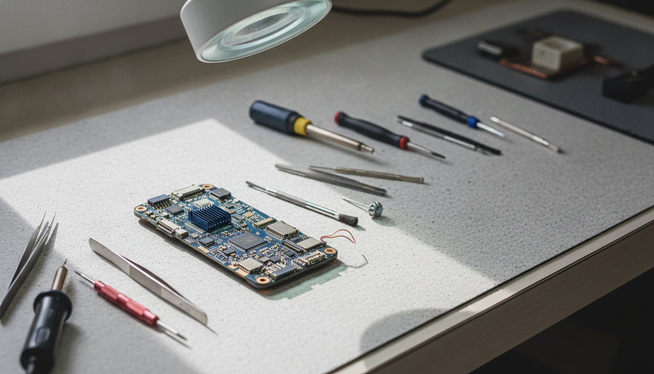 Placa de circuito de smartphone em bancada de manutenção cercada por ferramentas de precisão.