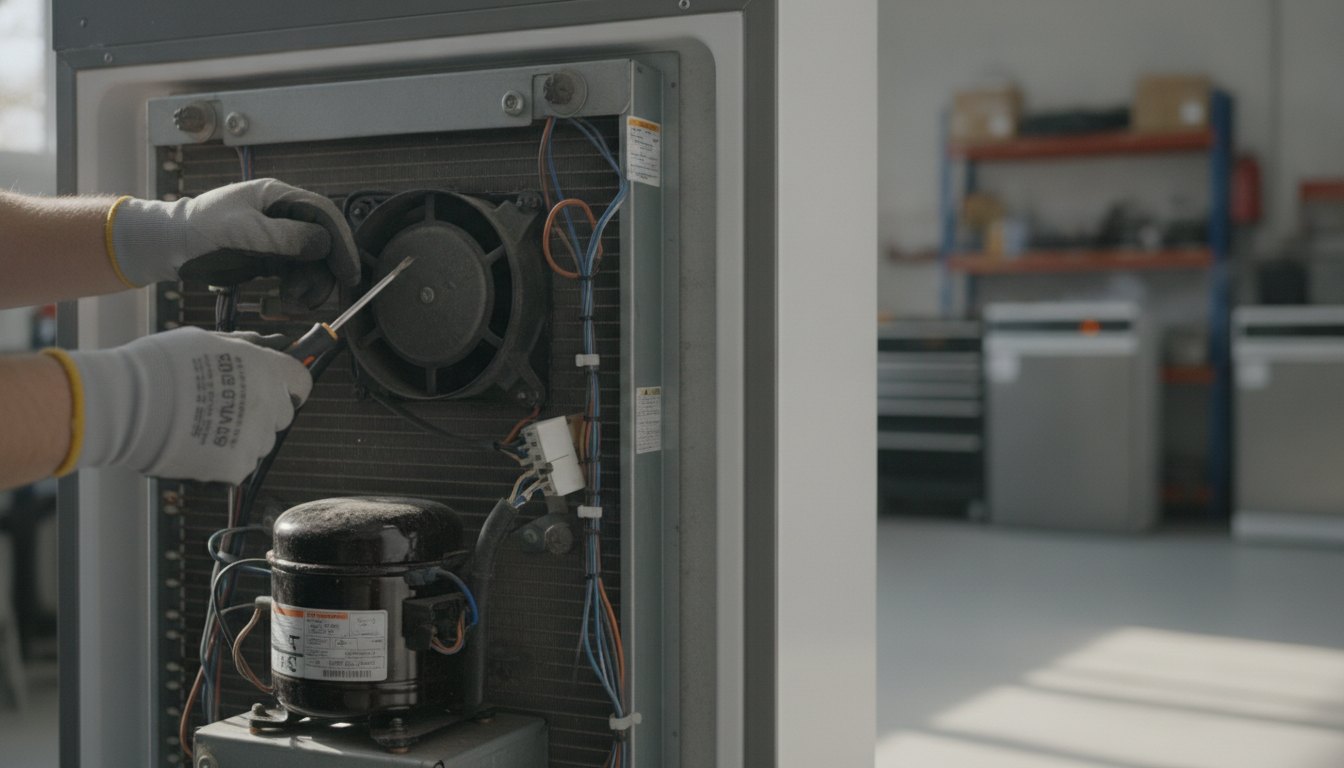 Técnico usando luvas inspecionando o painel traseiro de uma geladeira aberta durante manutenção.