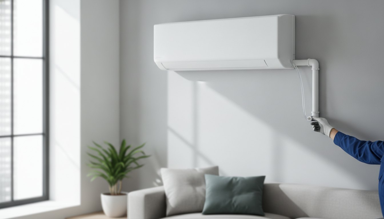 Técnico ajusta a mangueira de dreno de um ar-condicionado split branco na parede de uma sala