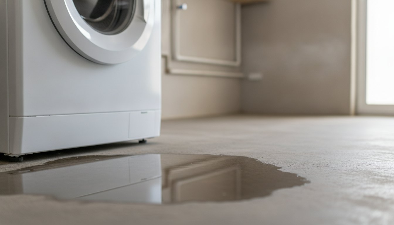 Poça de água no piso próximo à base de uma máquina de lavar roupas branca.
