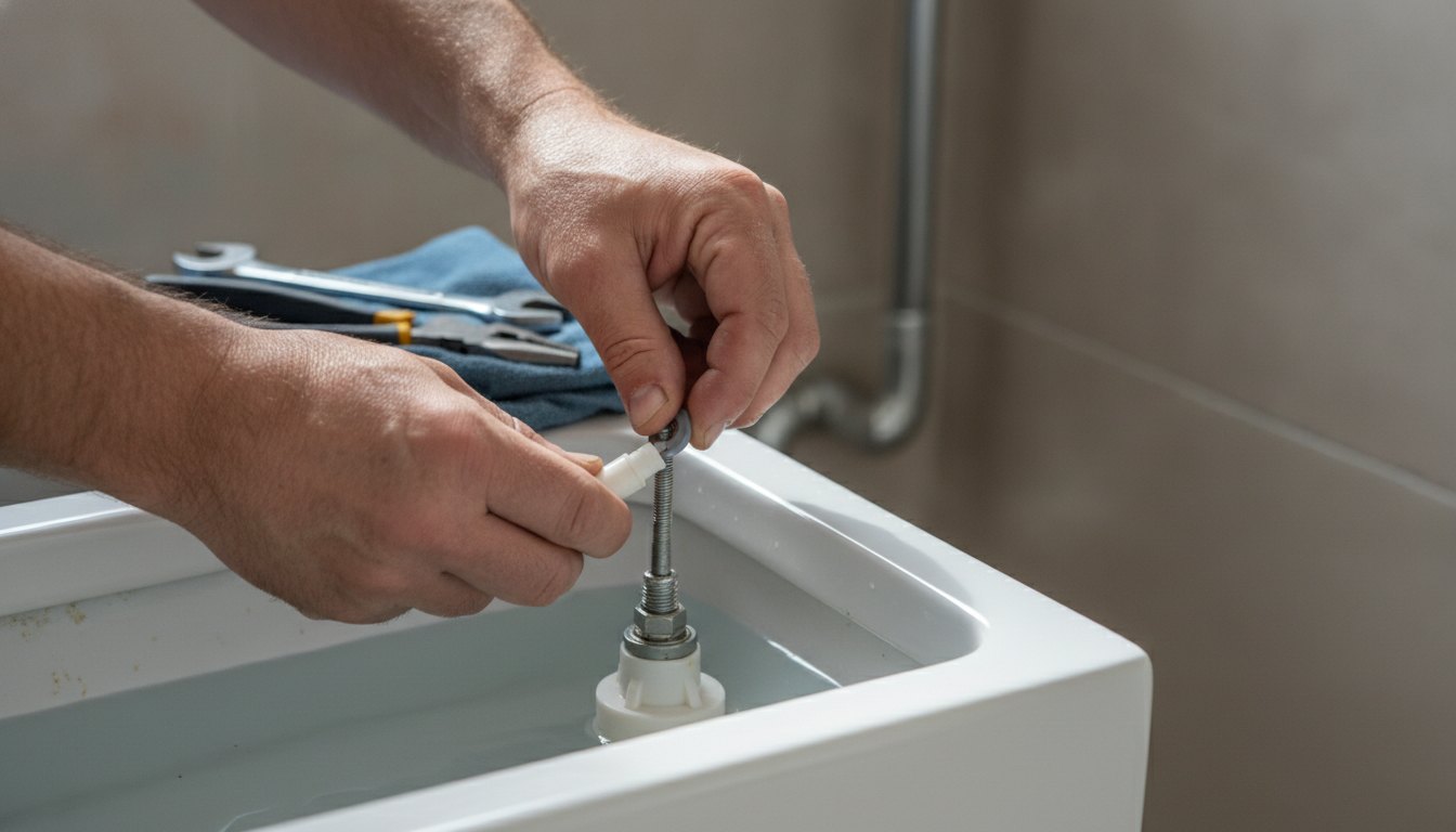 Mãos de um profissional ajustando a boia interna de uma caixa acoplada de vaso sanitário.