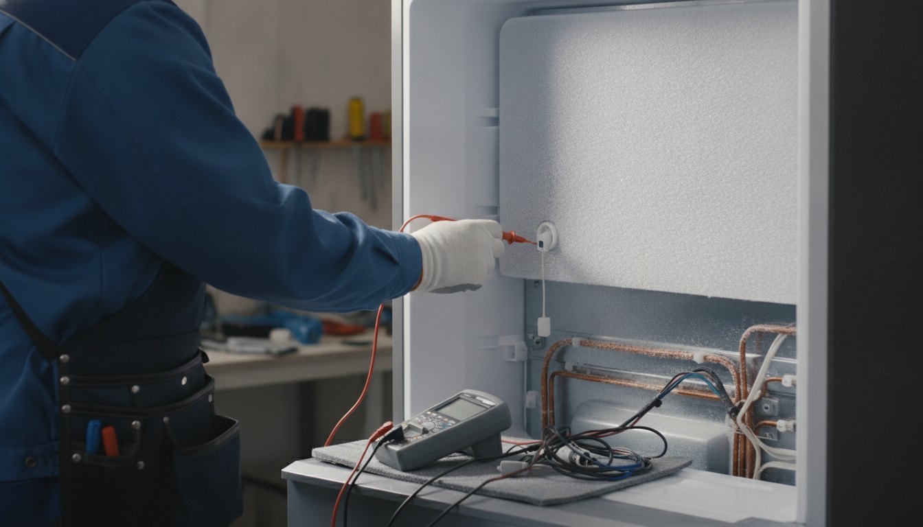 Técnico de uniforme testando o sensor interno de uma geladeira com um multímetro digital.