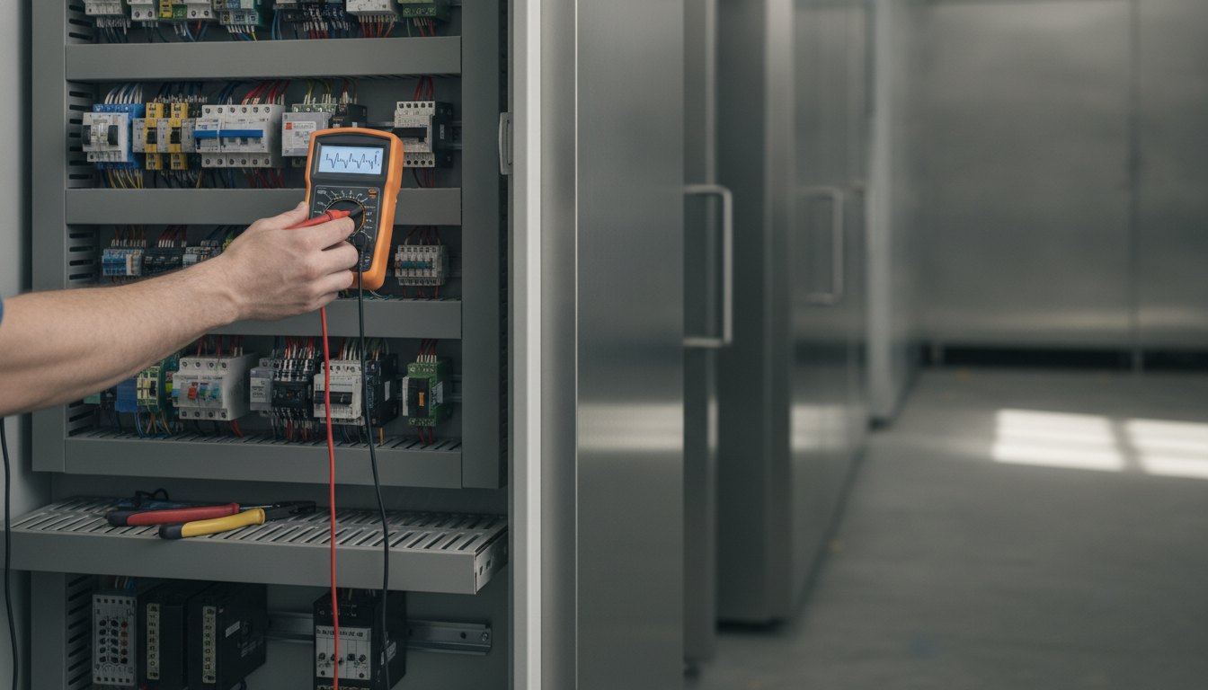Técnico utilizando multímetro para medir a corrente no painel de um equipamento de refrigeração.