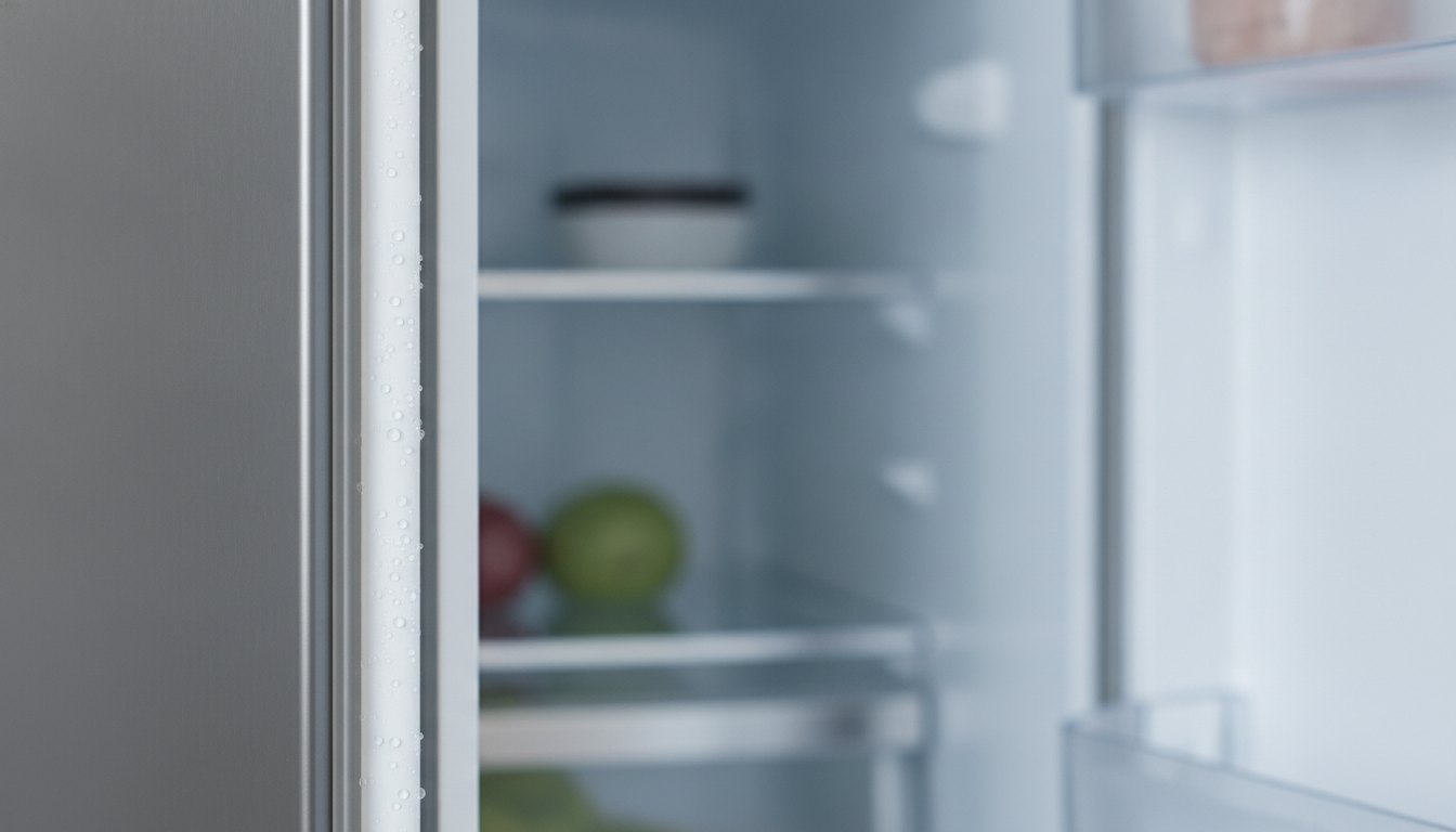 Porta de refrigerador aberta mostrando a borracha magnética de vedação com pequenas gotas de água acumuladas.