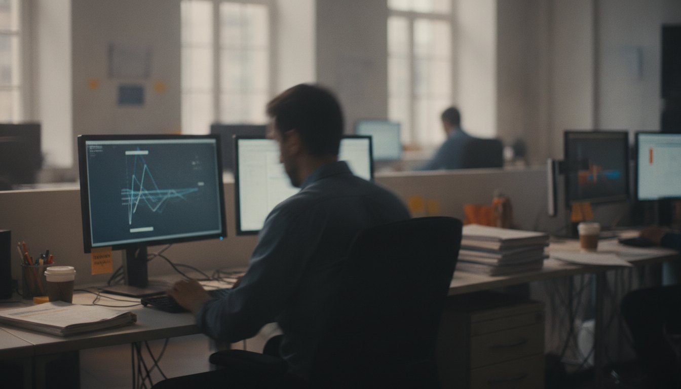 Jornalista focado digitando em um computador em uma redação movimentada.