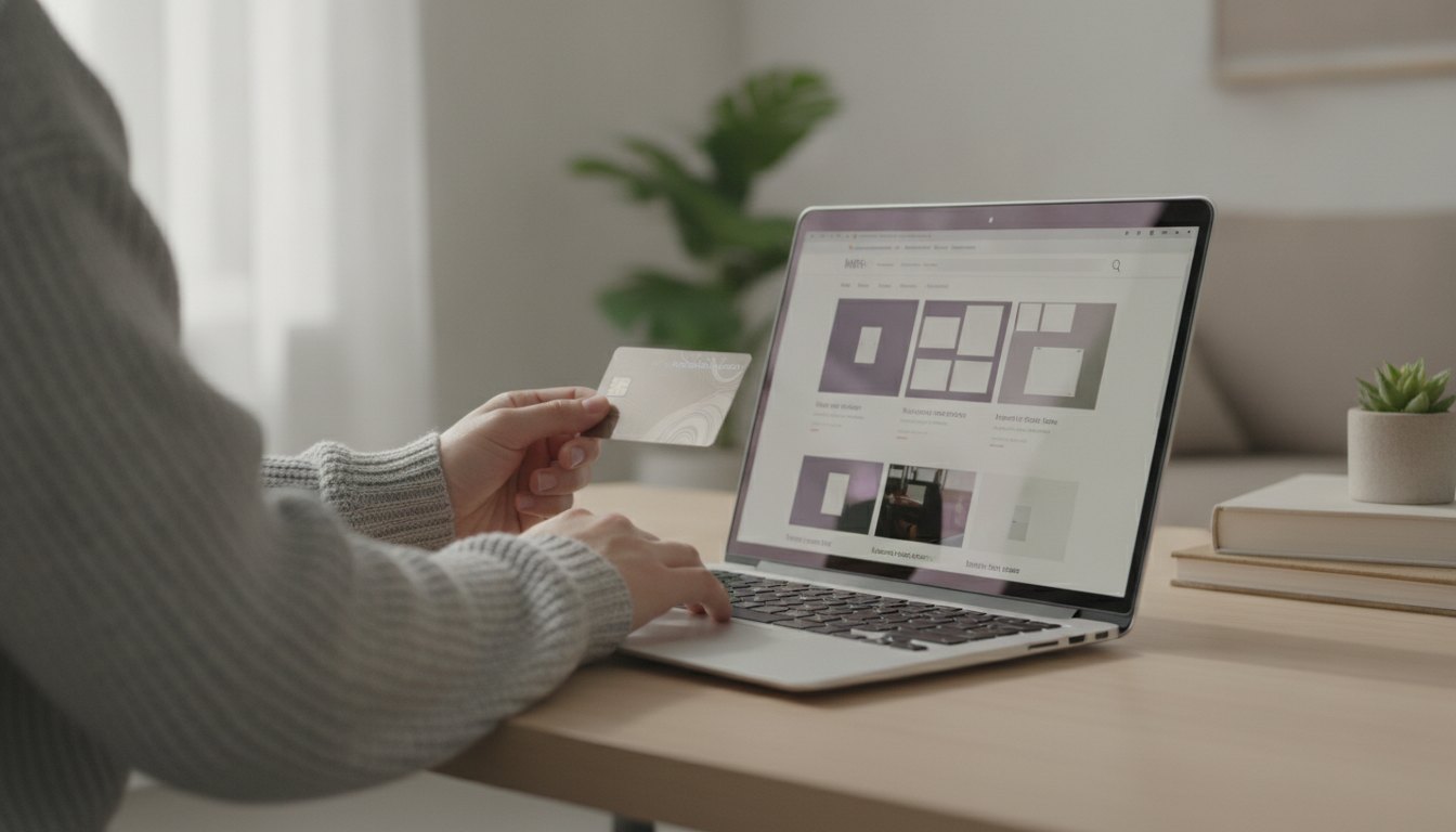 Pessoa com cartão de crédito na mão navegando em um site de notícias pelo notebook.