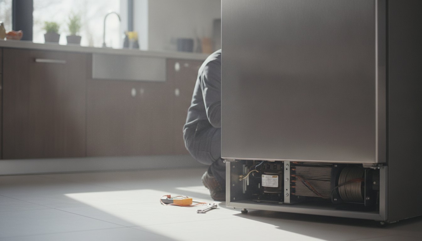 Homem agachado inspecionando a parte traseira inferior de uma geladeira metálica em uma cozinha.