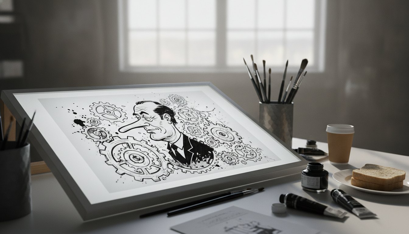 Ilustrador desenhando uma charge política em preto e branco sobre uma mesa de luz.