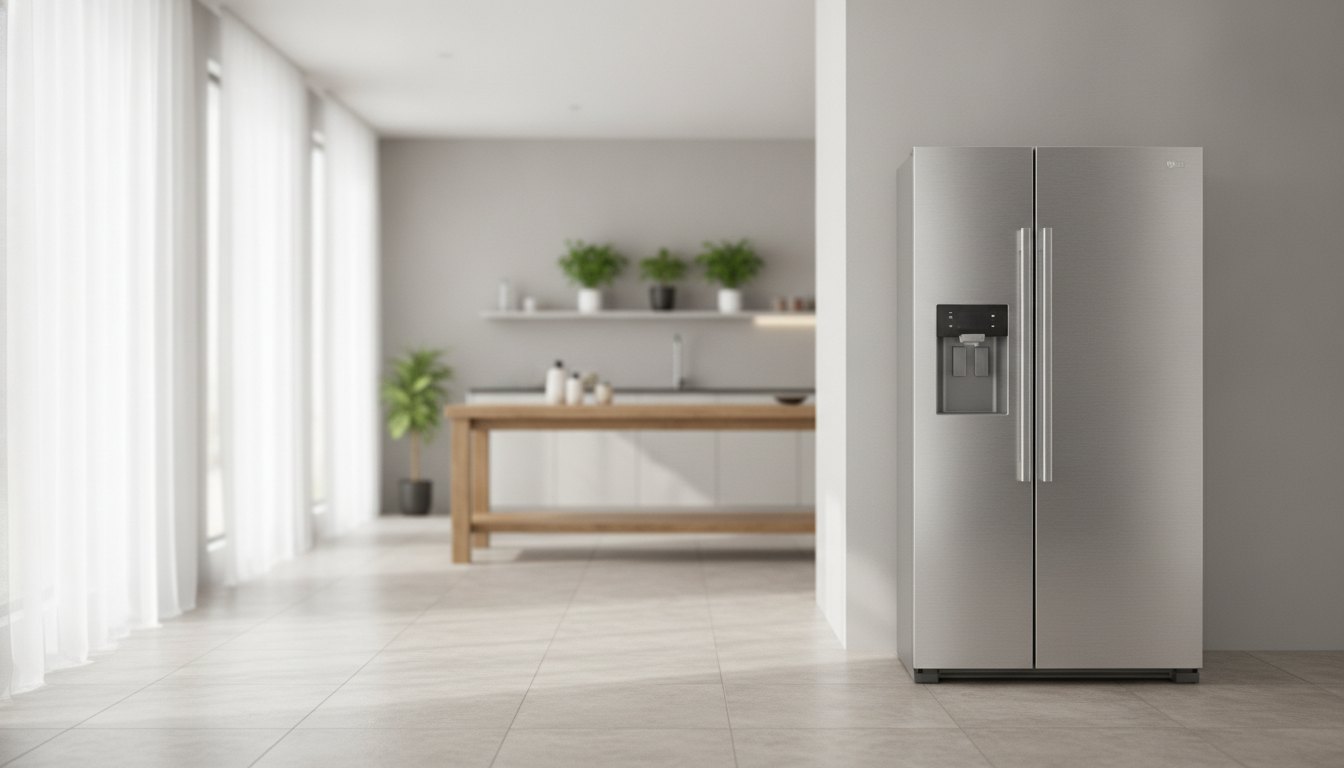 Refrigerador de aço inox instalado em uma cozinha espaçosa com ventilação natural.