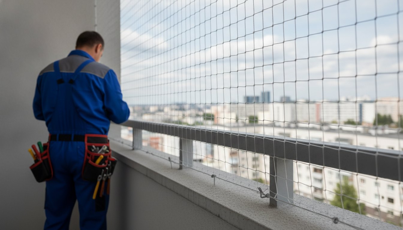 Profissional de manutenção inspecionando fios de uma rede de proteção instalada na sacada de um apartamento.