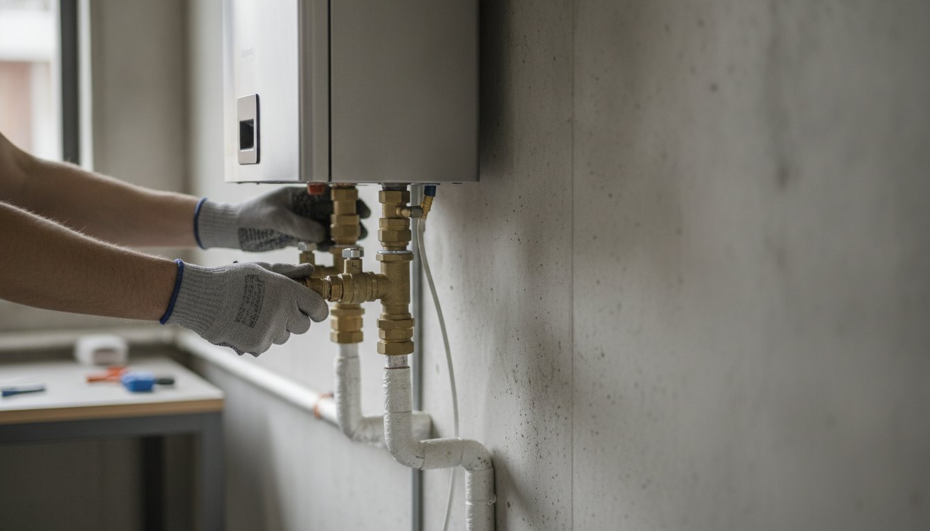 Técnico com luvas ajustando válvulas metálicas conectadas a um aquecedor de passagem fixado na parede.