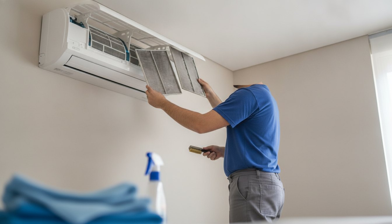 Técnico uniformizado limpando os filtros de um aparelho de ar-condicionado branco fixado na parede.
