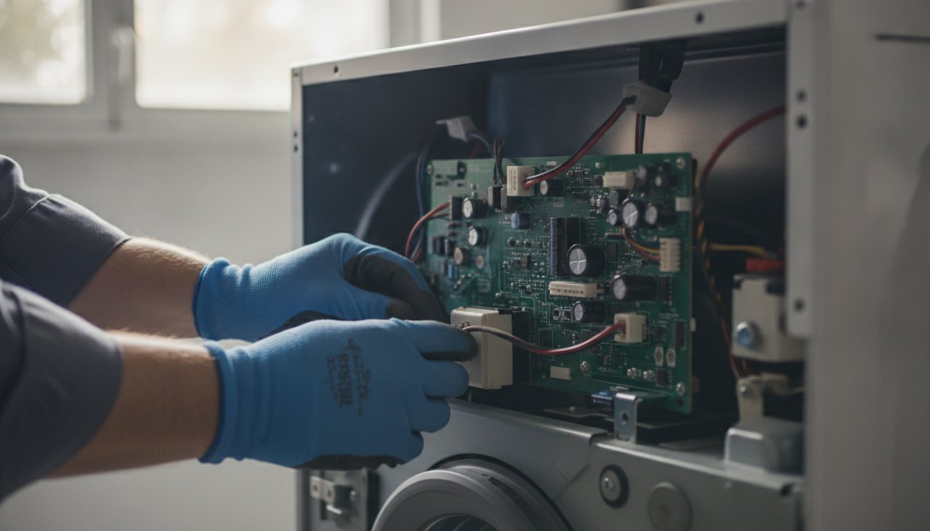 Técnico com luvas de proteção inspecionando o painel de circuitos abertos de uma lavadora branca