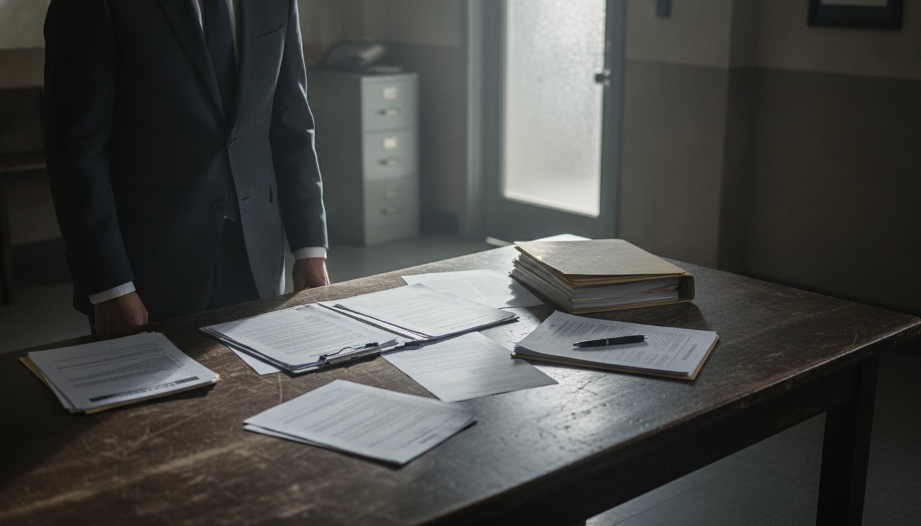 Um advogado de terno analisando documentos em uma mesa de delegacia ao lado de papéis.