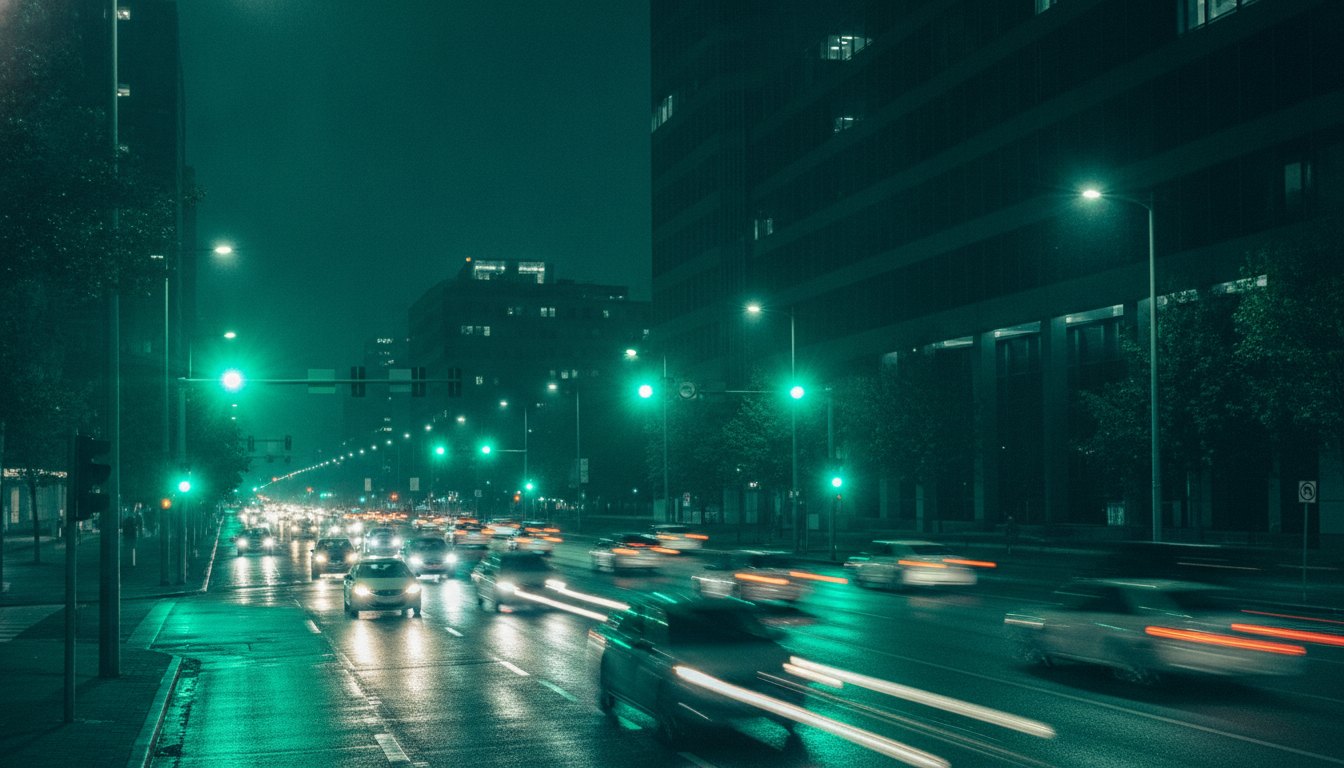 Veículos em movimento noturno sob luzes verdes de semáforos em uma avenida movimentada.