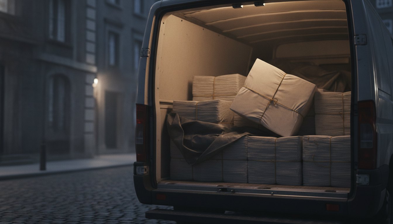 Trabalhador organizando pacotes de jornais impressos na caçamba de uma van comercial durante a noite.