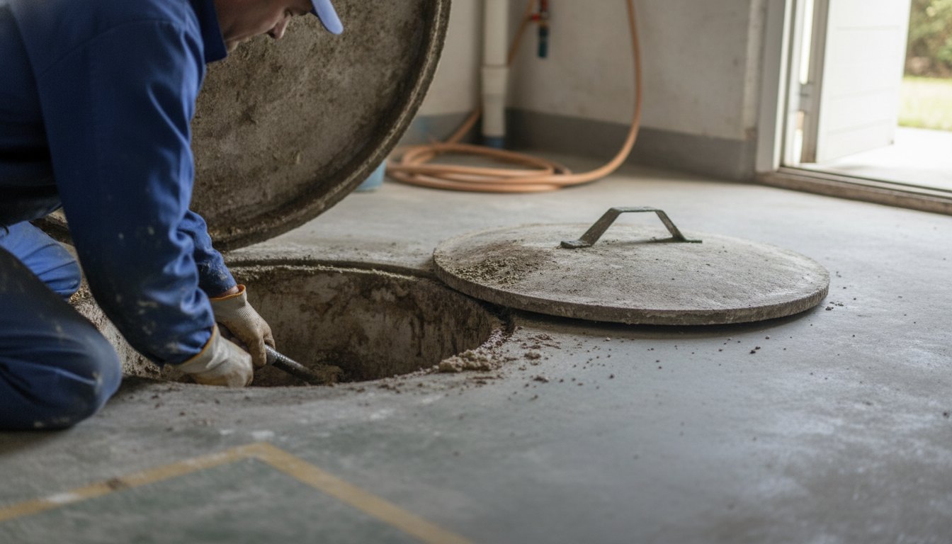 Profissional de macacão azul limpando o compartimento interno de uma caixa de gordura residencial aberta.
