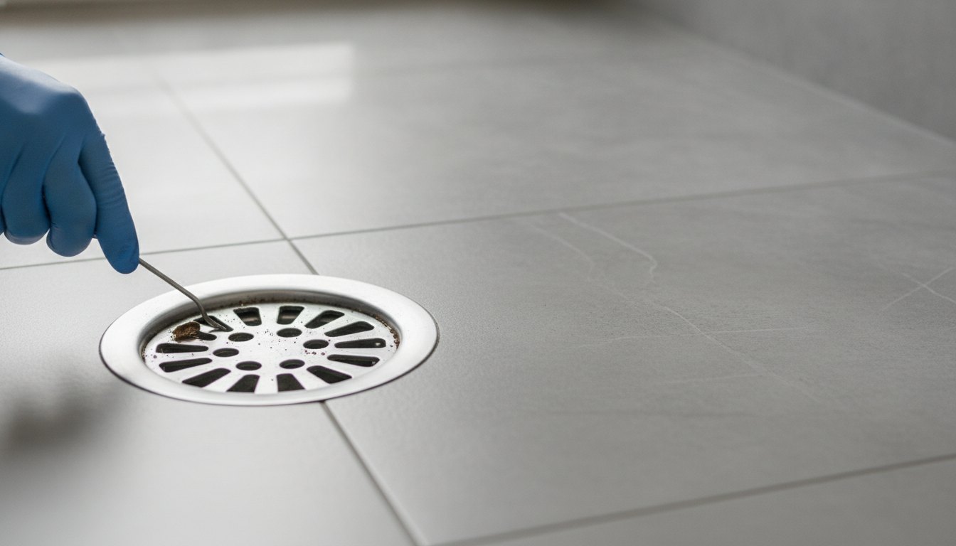 Profissional com luvas inspeciona a grade de um ralo metálico no piso de um banheiro.