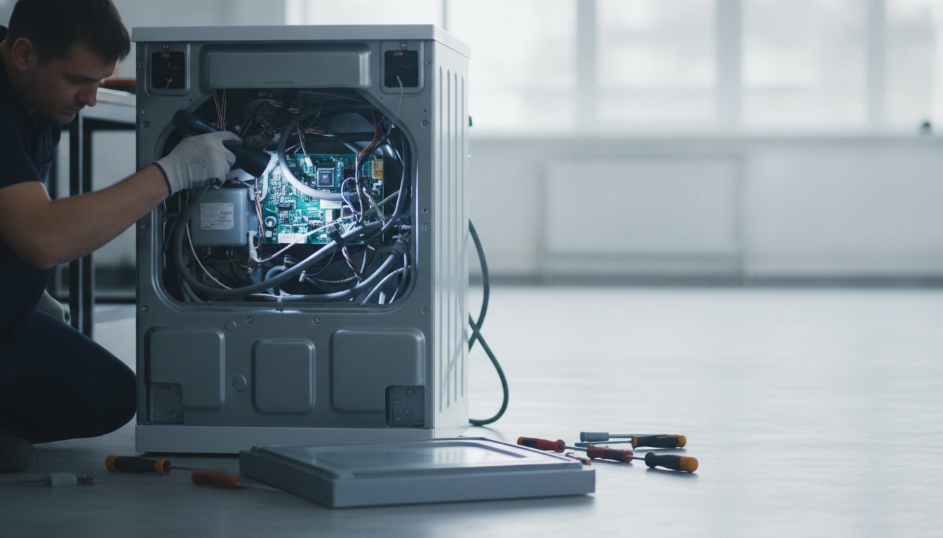 Técnico inspecionando o interior de uma máquina de lavar roupas com uma lanterna de mão.