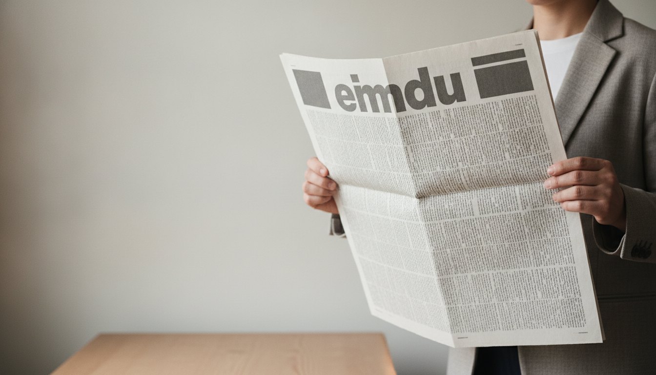 pessoa segurando edição impressa com manchetes em letras grandes e colunas estreitas de texto alinhadas