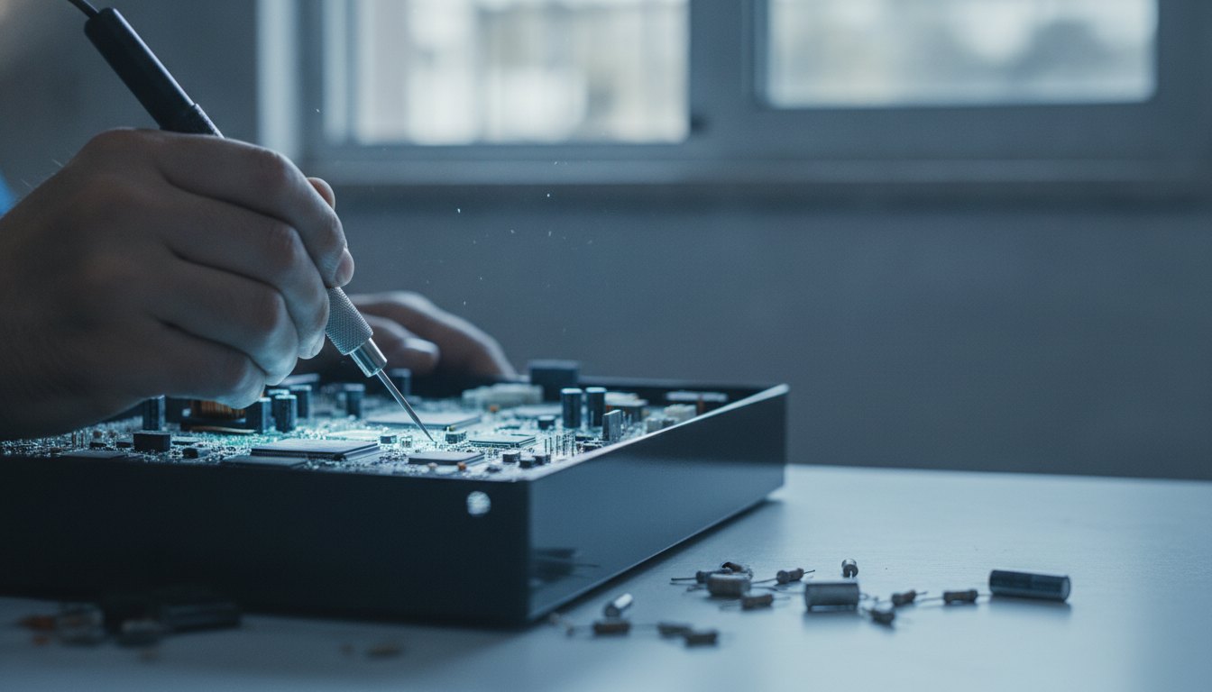 Técnico examina placa de circuito impresso com ferramenta de precisão sob luz fria de bancada.