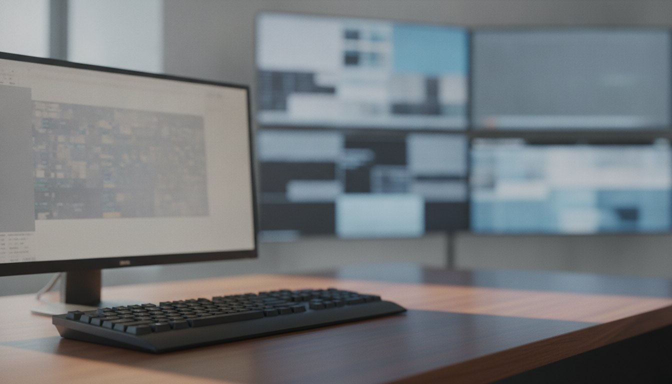 Jornalista digitando em teclado de computador numa redação com telas de notícias ao fundo.