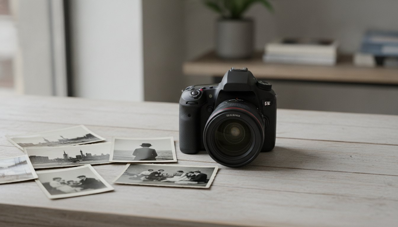Câmera fotográfica profissional sobre uma mesa com várias fotografias antigas impressas em preto e branco.