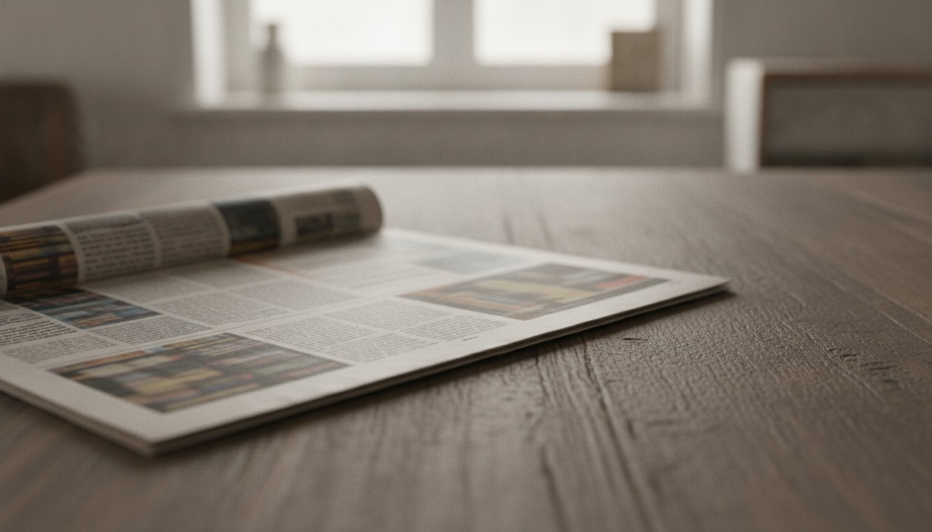 Jornal aberto sobre mesa de madeira com diferentes tamanhos de letras e colunas de texto.