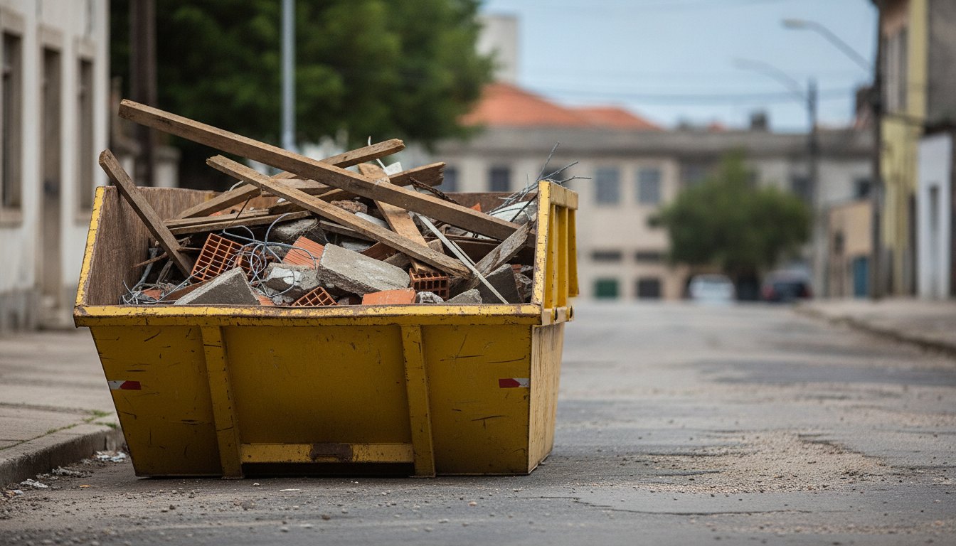 Caçamba de metal amarela estacionada na rua com restos de madeira e tijolos.